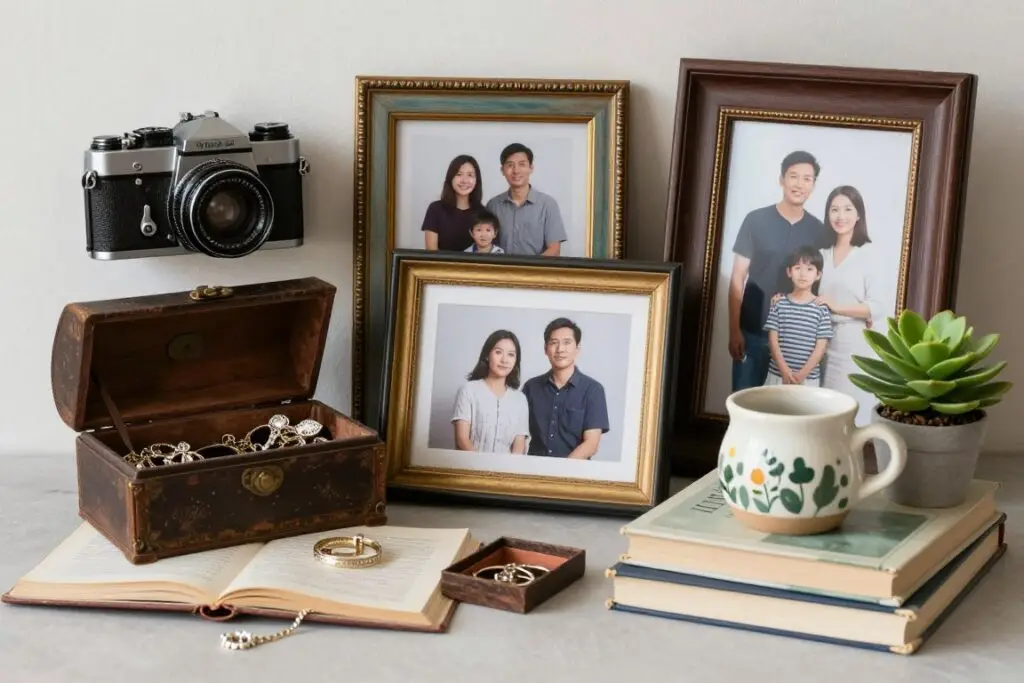 Collection of meaningful personal items displayed together telling a story