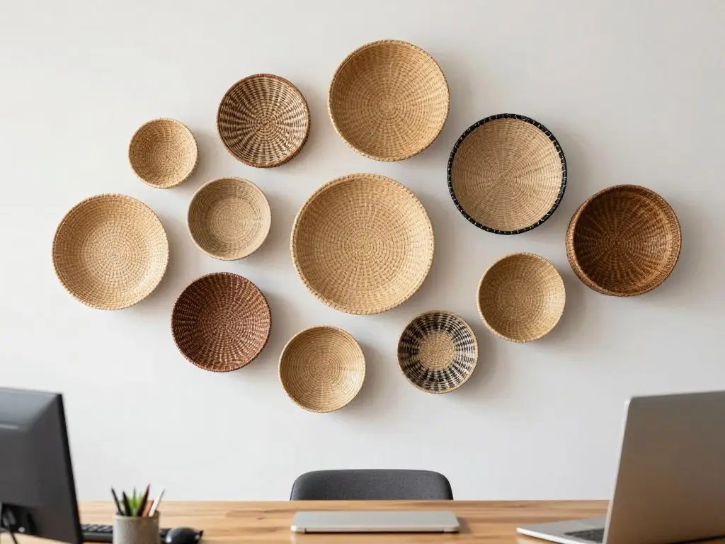 Collection of woven wall baskets arranged as wall art in boho office