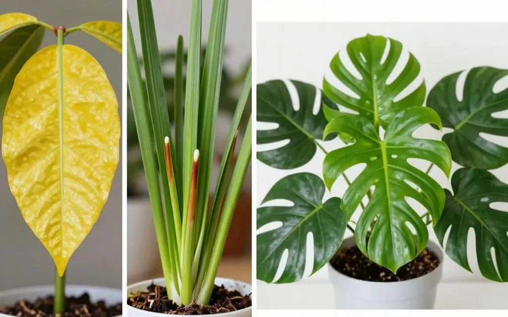 Common indoor plant problems and healthy plants for comparison