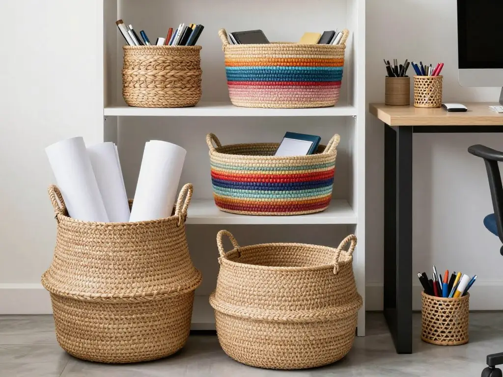 Decorative storage baskets organizing office supplies in boho workspace