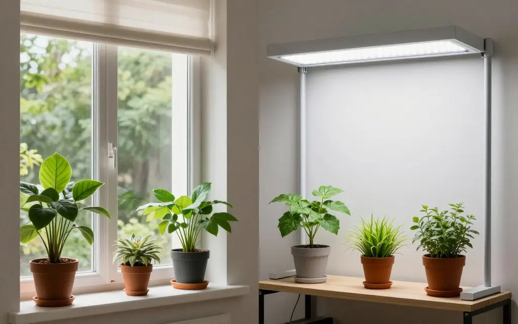Different indoor lighting setups for winter gardening including natural and artificial light
