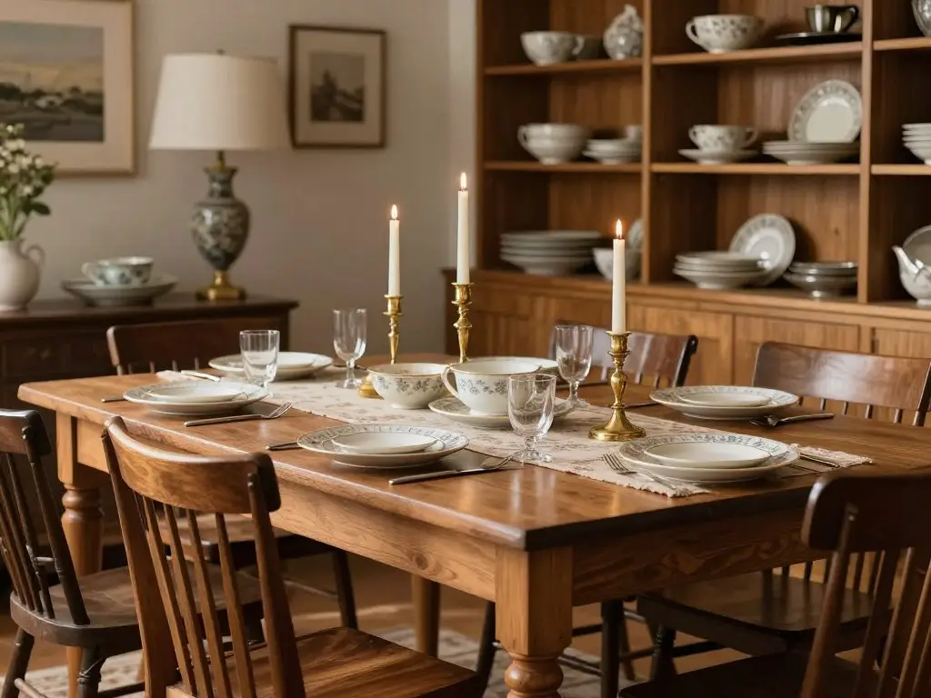 Dining room with mixed chair styles and collected table decor