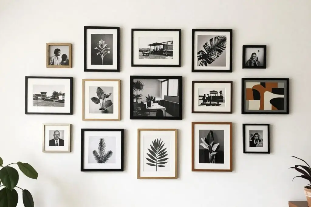 Eclectic gallery wall with mixed frames and art styles in boho office