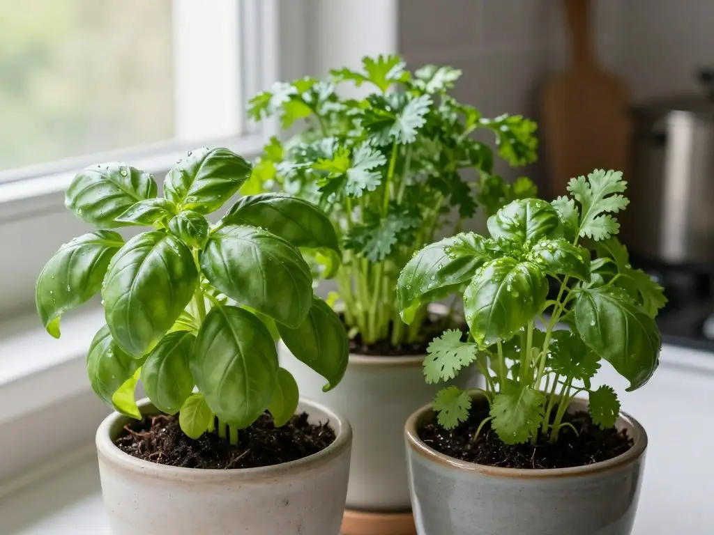 Fresh herbs growing in pots indoors during winter months