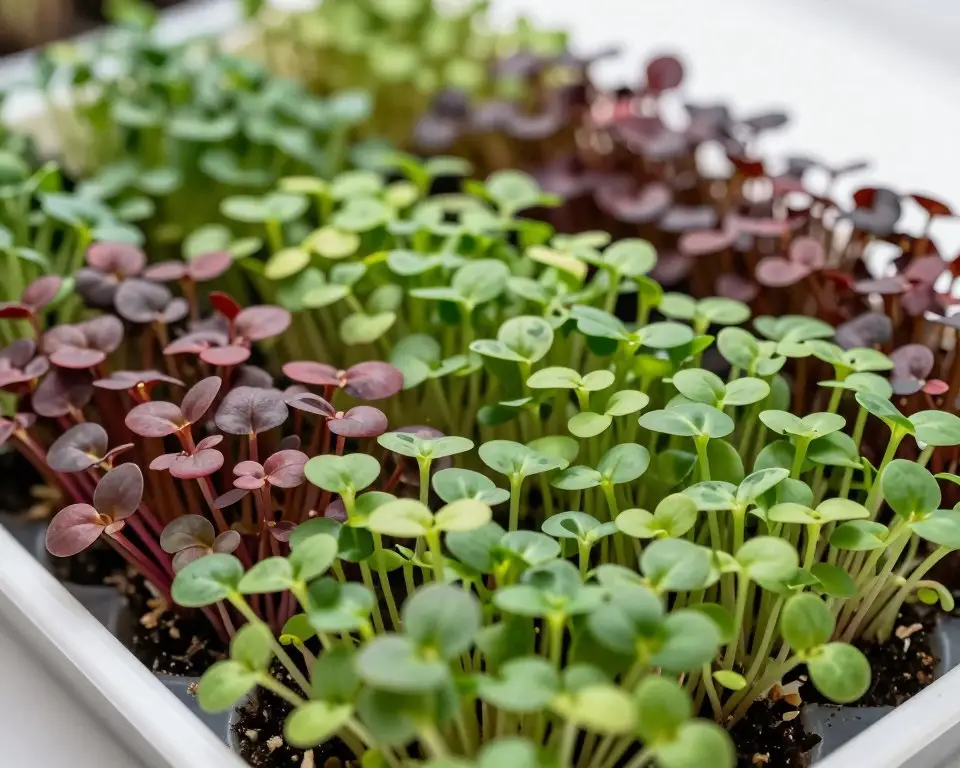 Fresh microgreens and salad greens growing in shallow trays