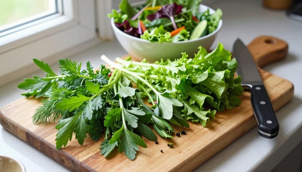 Fresh salad being prepared with herbs and greens harvested from indoor winter garden