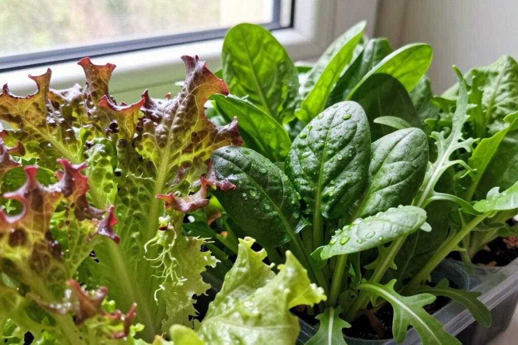 Fresh salad greens growing indoors including lettuce varieties, spinach, and arugula in shallow containers