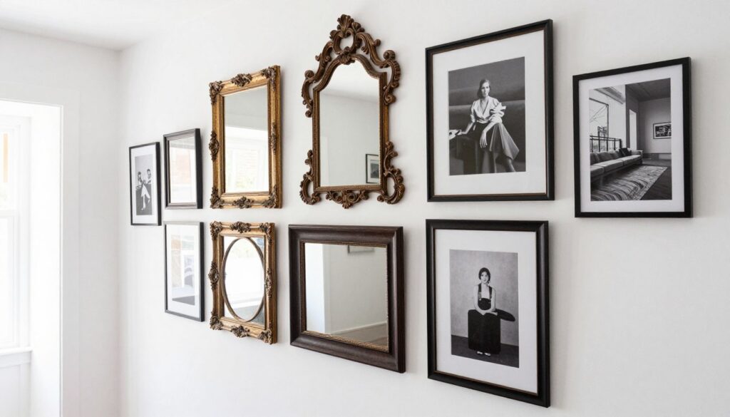 Gallery wall featuring vintage mirrors mixed with modern art