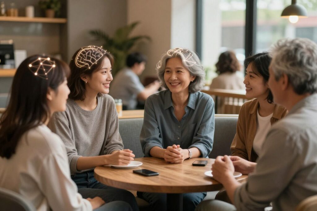 Group of people engaged in meaningful conversation with brain connection visualization