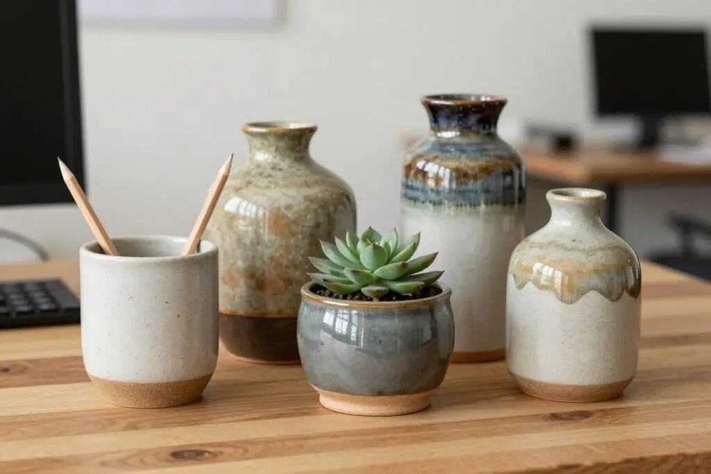Handmade ceramic vessels used as office accessories in boho workspace