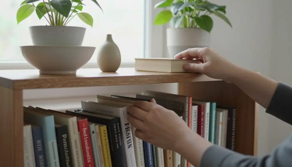 Home owner rearranging collected items on shelves seasonally