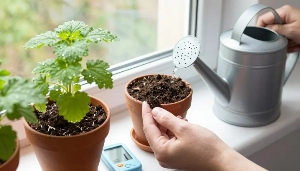 Indoor plant watering setup showing proper technique and moisture checking