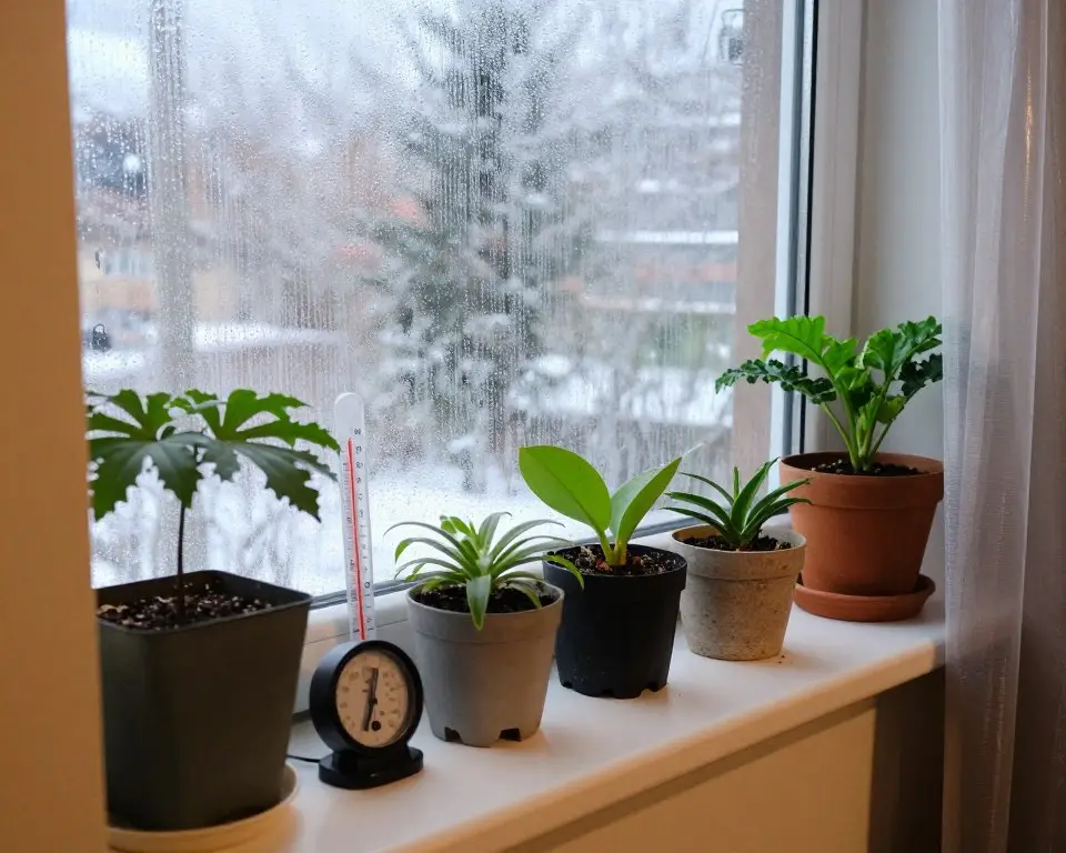 Indoor plants near window showing temperature and humidity considerations