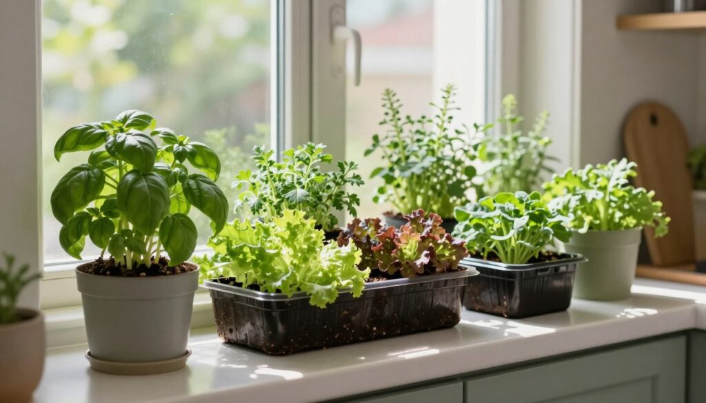 Indoor winter herb and salad gardens growing on a sunny windowsill with fresh basil, lettuce, and herbs in various containers