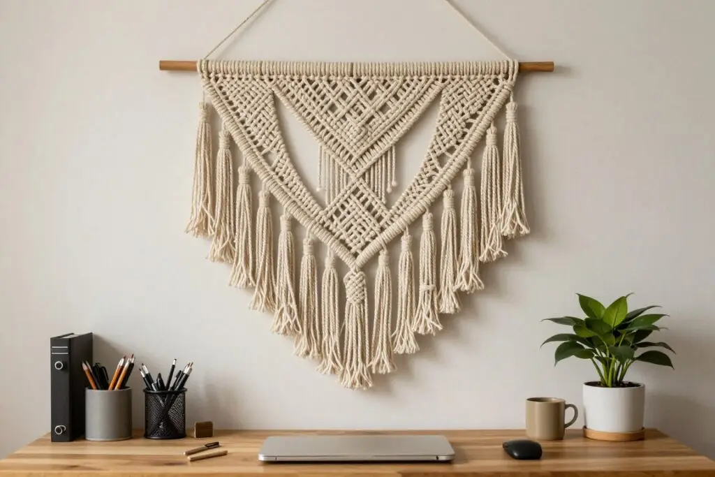 Macramé wall hanging above wooden desk in boho office