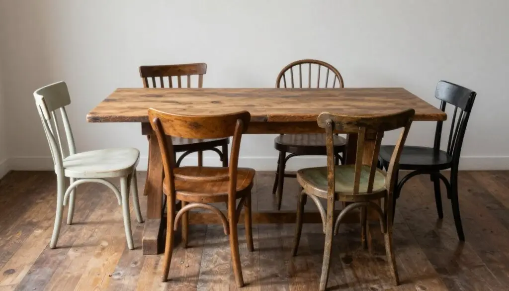Mismatched vintage café chairs creating eclectic dining space