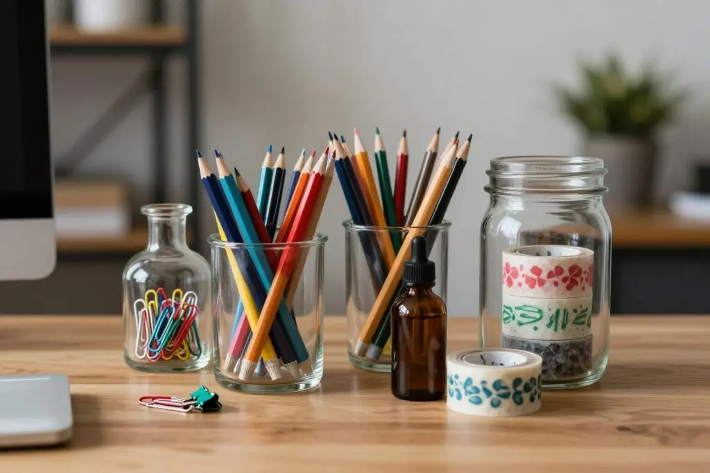 Office supplies artfully displayed in glass jars on boho desk