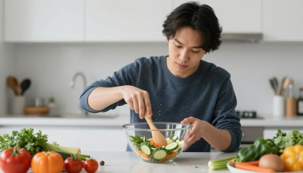 Person experimenting with ingredients in the kitchen, showing creative hobbies for brain health Person experimenting with ingredients in the kitchen, showing creative hobbies for brain health