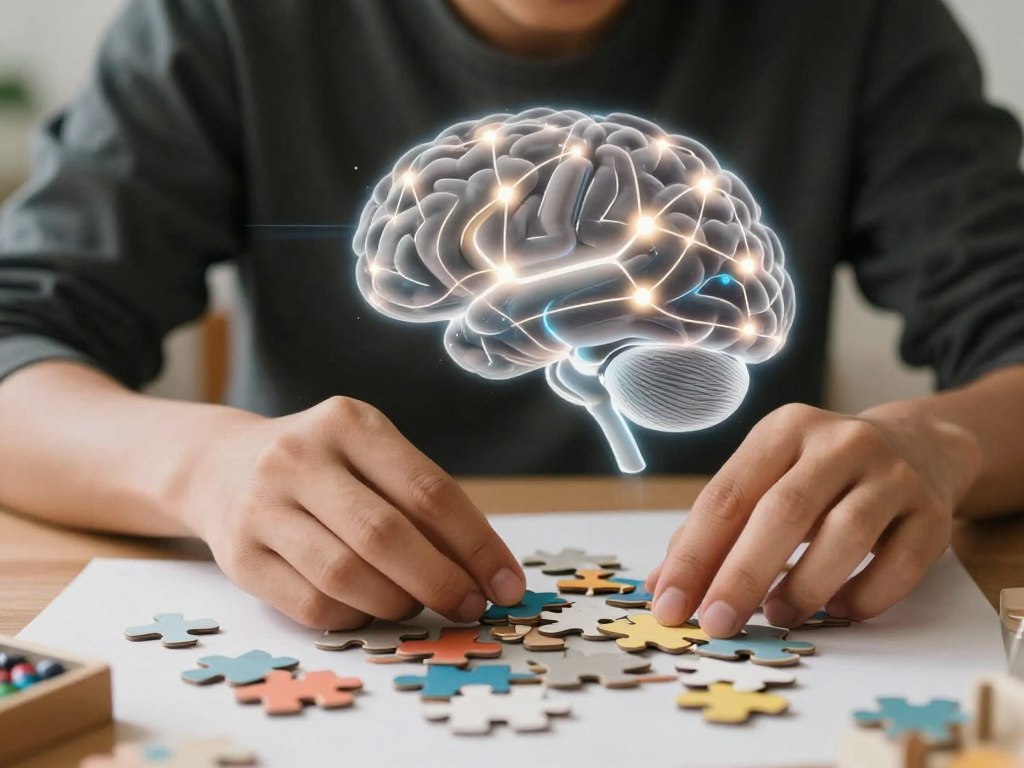 Person learning a new skill with visible brain activity