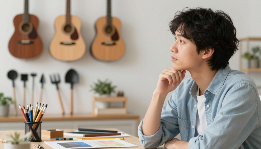 Person looking thoughtful while considering creative hobbies for brain health Person looking thoughtful while considering creative hobbies for brain health