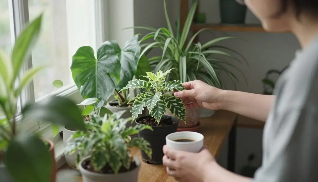Person maintaining indoor winter garden as part of daily routine