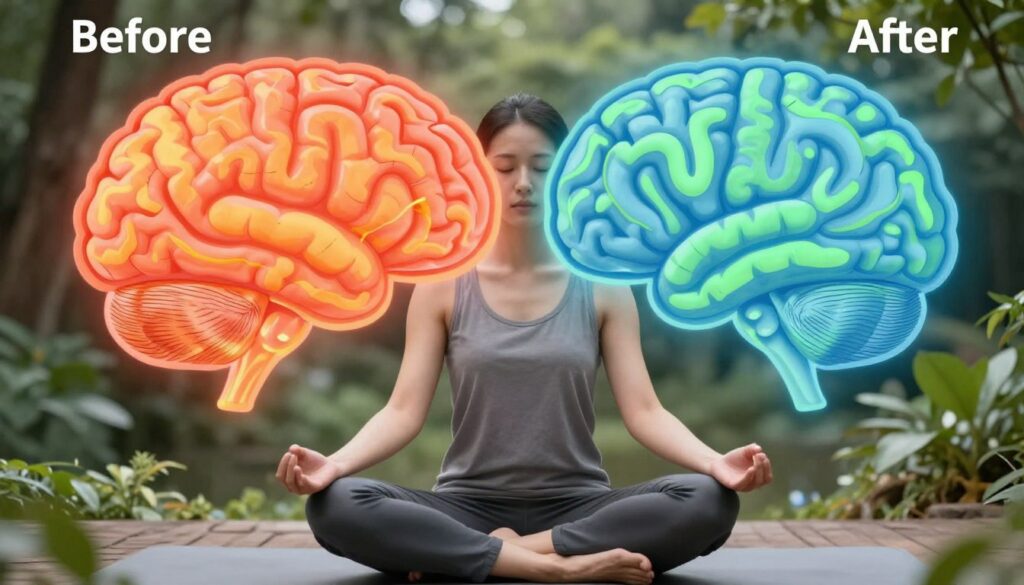 Person practicing meditation with brain showing reduced stress activity