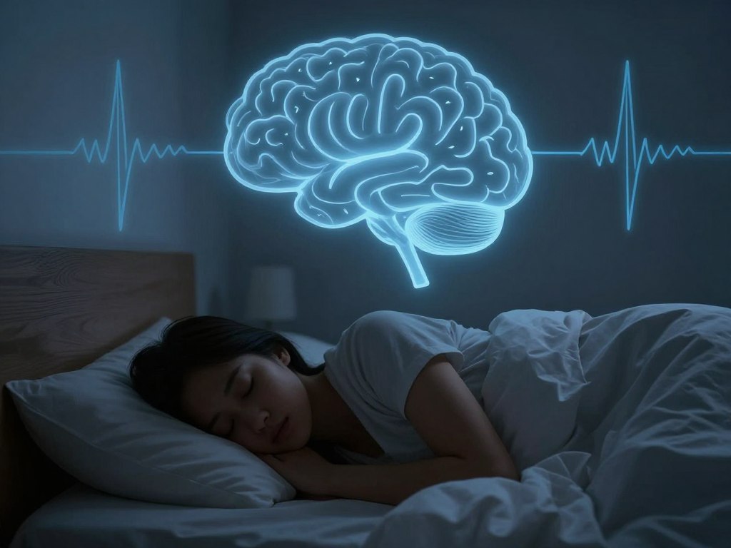 Person sleeping peacefully in a dark room with brain wave patterns visualized above