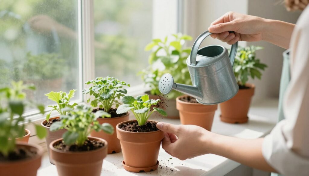 Person tending to potted herbs on a windowsill, demonstrating creative hobbies for brain health Person tending to potted herbs on a windowsill, demonstrating creative hobbies for brain health