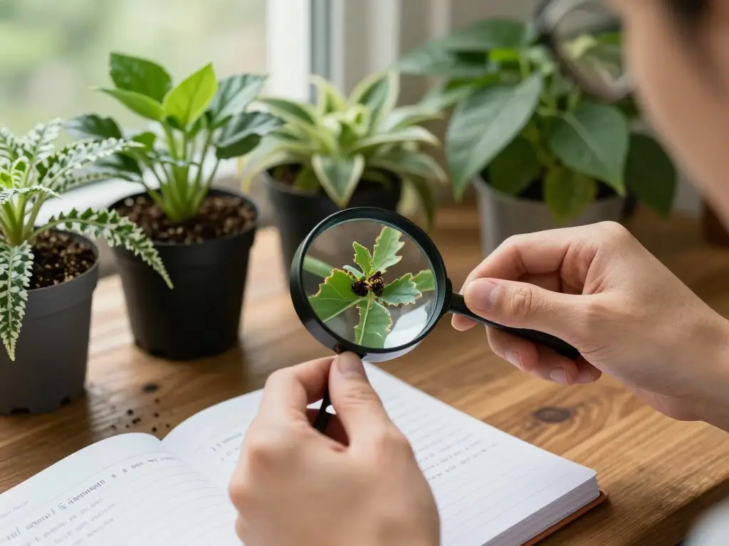 Person troubleshooting indoor plant problems by checking soil and leaves