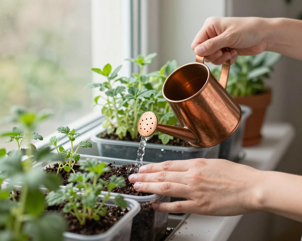 Person watering indoor herb garden using a small watering can, checking soil moisture with finger