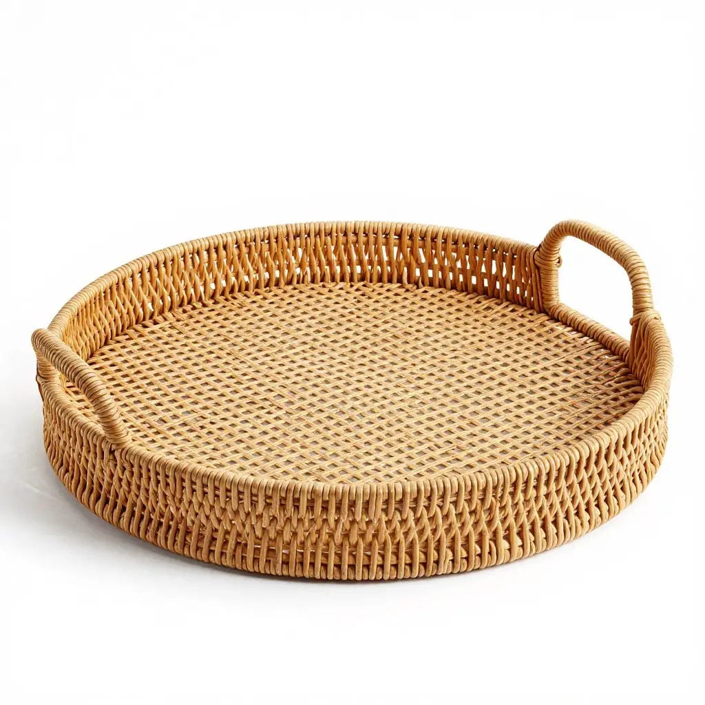 Rattan and cane accent tray with woven texture and handles