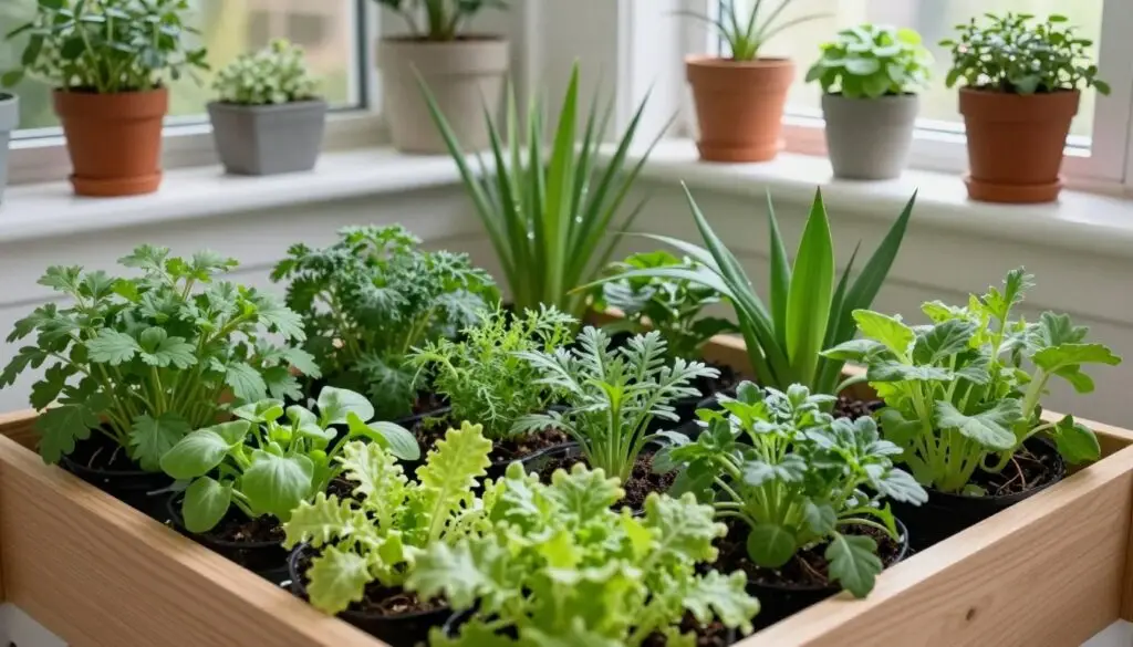 Realistic indoor winter garden setup showing various plants at different growth stages