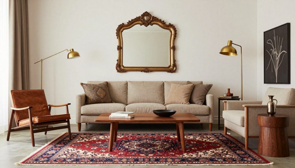 Room featuring multiple vintage thrifted pieces styled cohesively