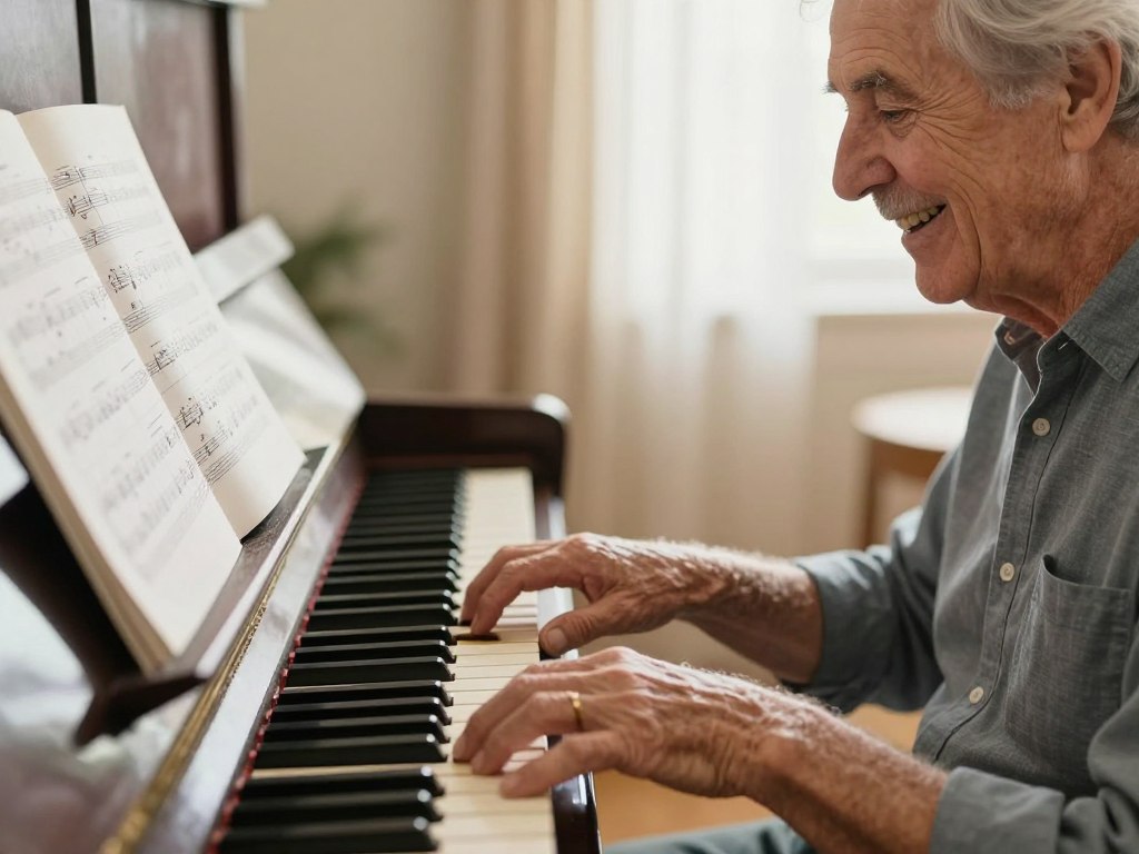 Senior adult learning to play piano, demonstrating creative hobbies for brain health Senior adult learning to play piano, demonstrating creative hobbies for brain health