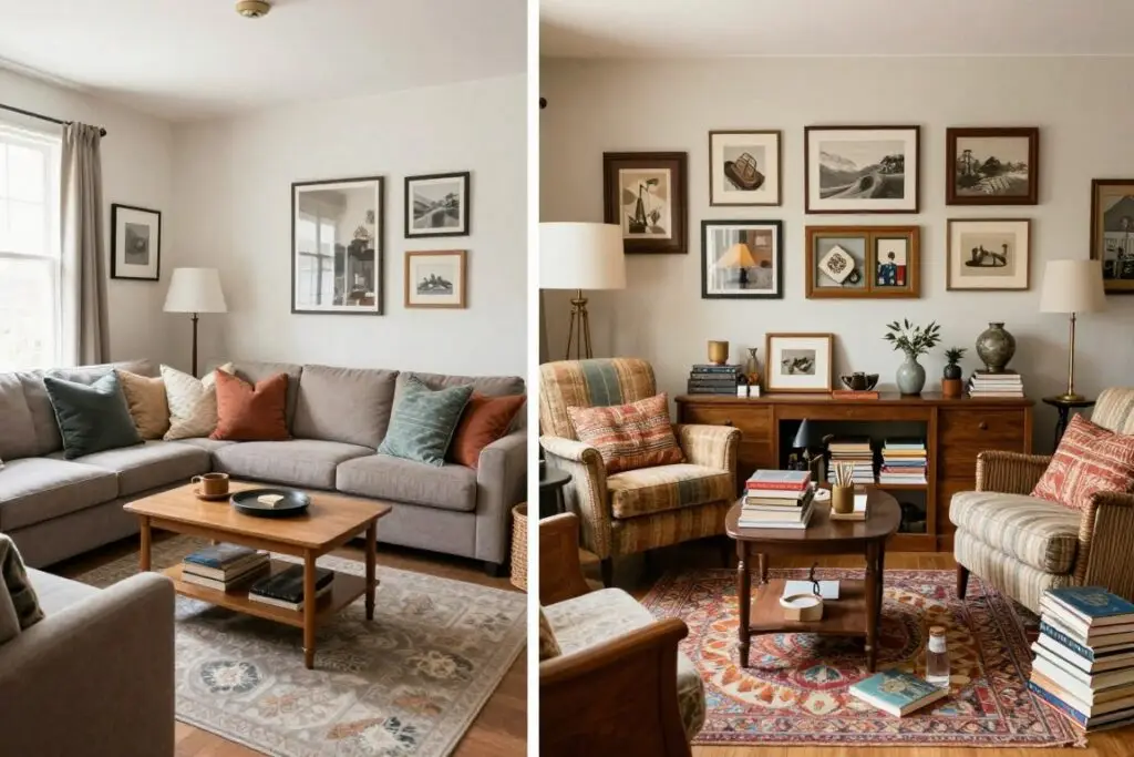 Side-by-side comparison of decorated versus collected home styling approaches