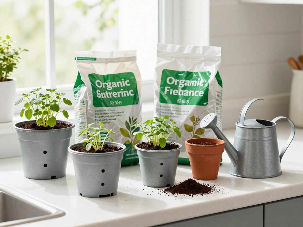 Simple indoor gardening setup showing containers with drainage holes, potting soil bag, and seedlings on a bright windowsill