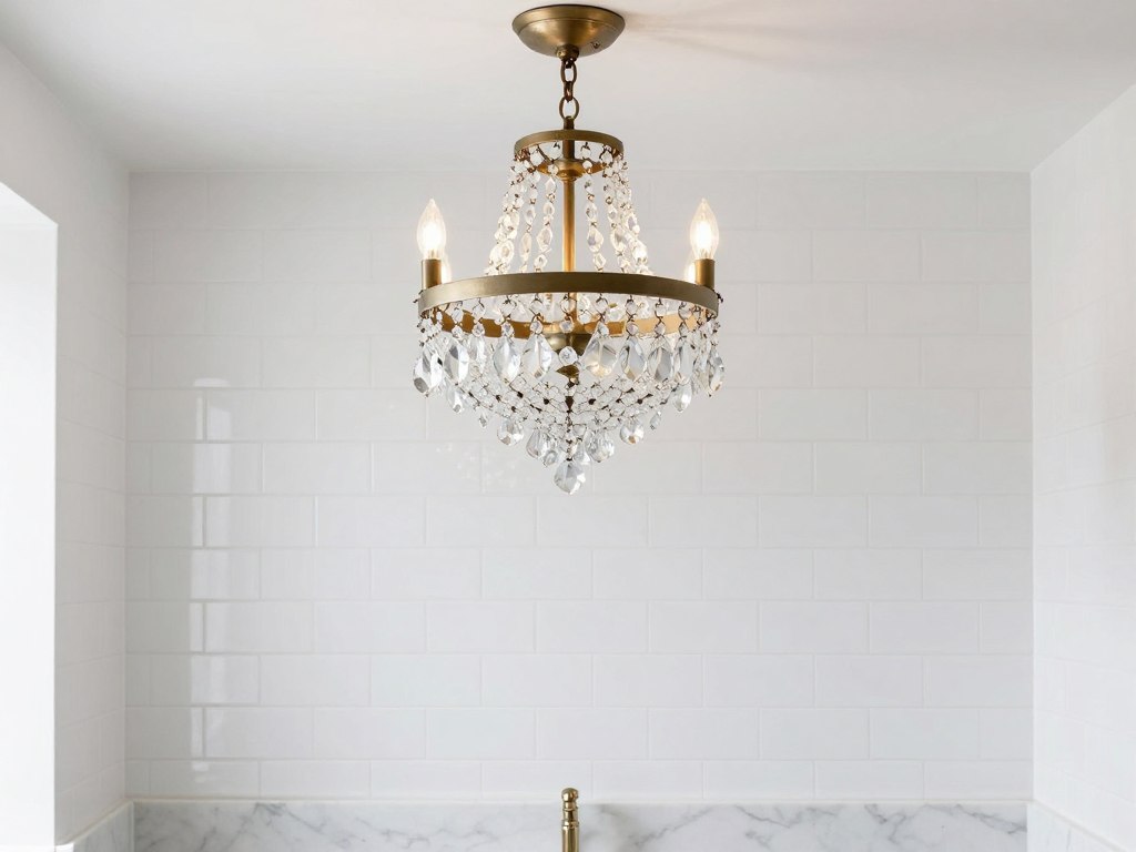 Small crystal chandelier in modern bathroom