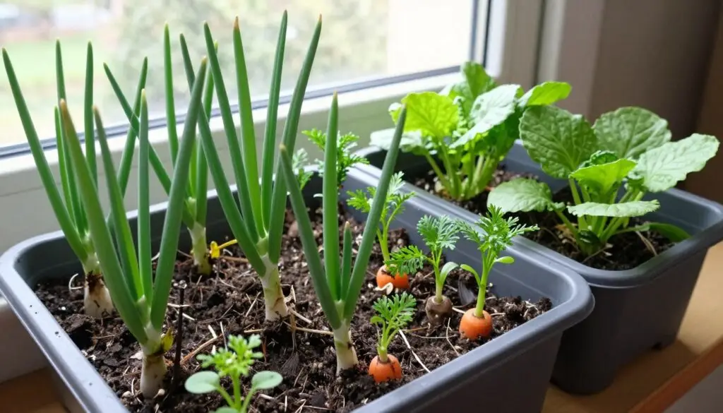 Small vegetable plants growing in containers indoors during winter