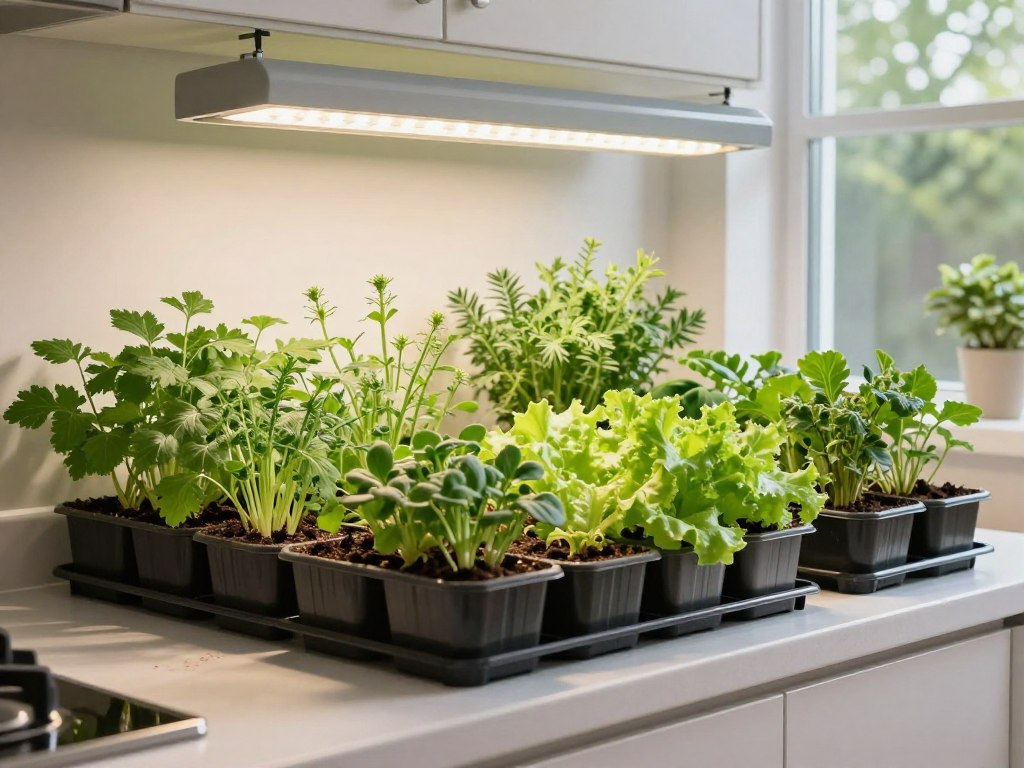 Thriving indoor herb garden in winter with various containers, grow light, and healthy green plants