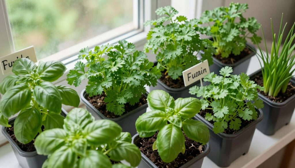 Variety of herbs growing indoors including basil, parsley, cilantro, and chives in different containers