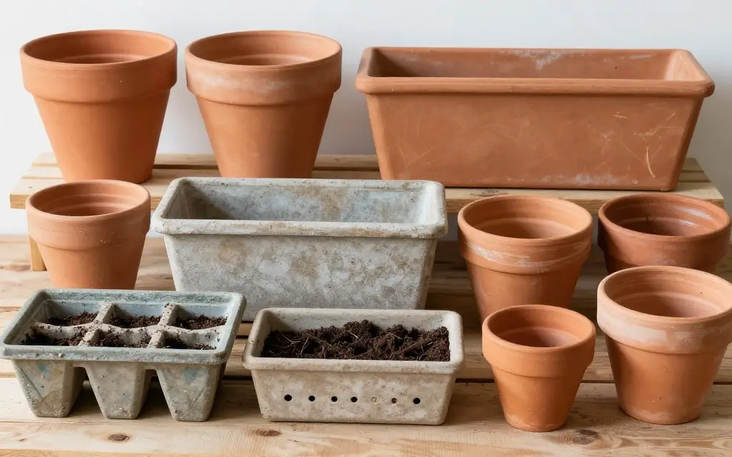 Various containers suitable for indoor winter gardening with proper drainage