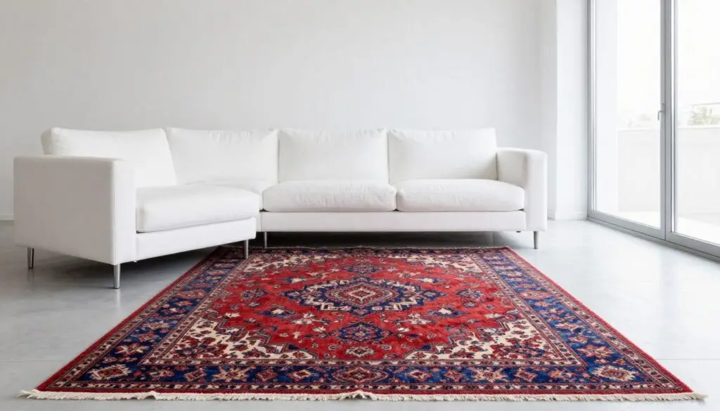 Vintage Persian rug anchoring modern minimalist living room