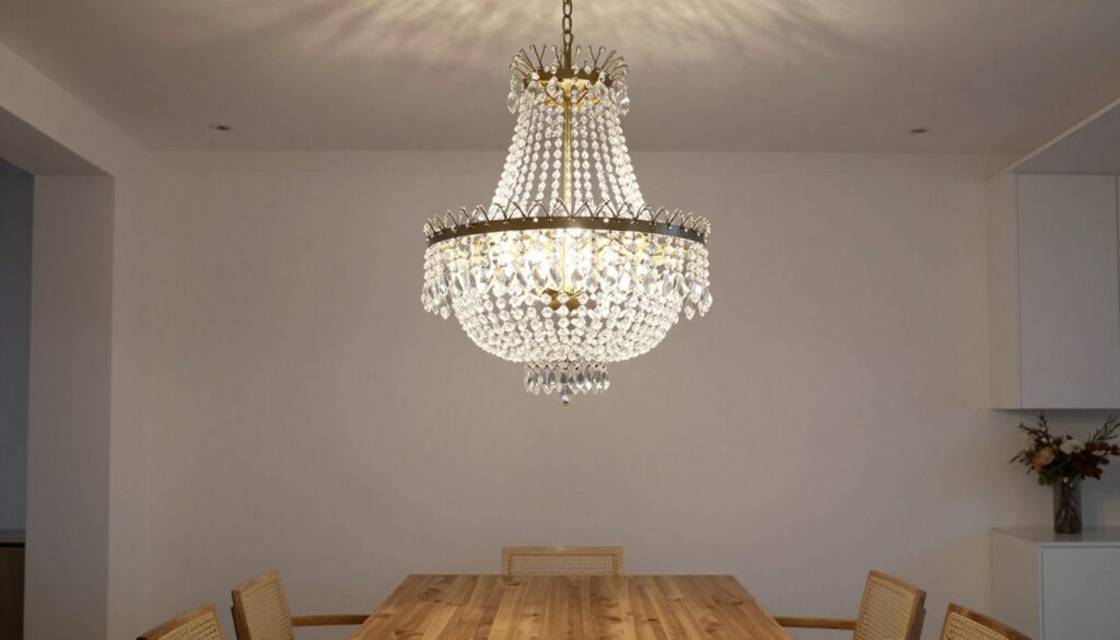 Vintage crystal chandelier in modern dining room
