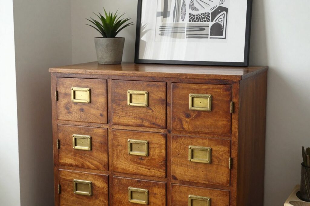 Vintage wooden filing cabinet with brass hardware in boho office