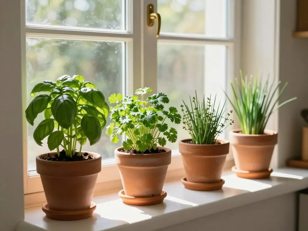 Windowsill herb garden with multiple varieties growing in terracotta pots