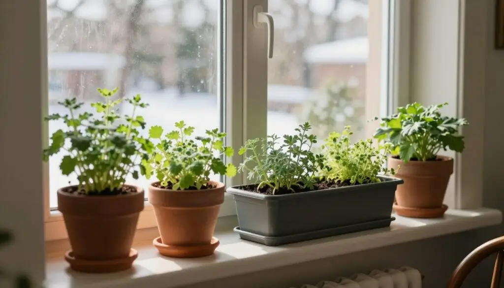 Winter gardening indoors setup with herbs and greens growing on a sunny windowsill