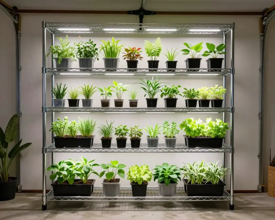 Wire shelving unit indoor garden with grow lights and multiple plant varieties