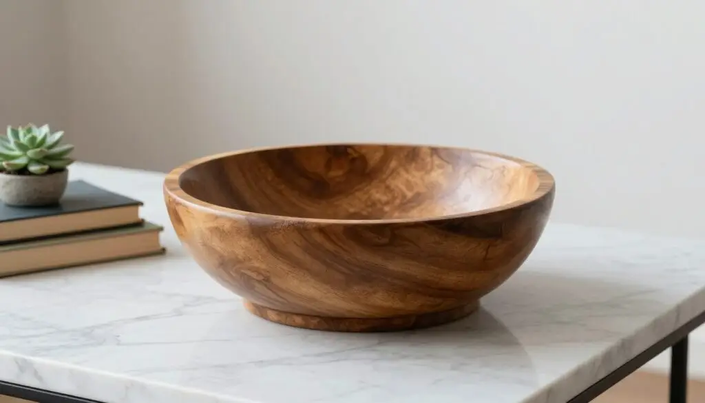 Wooden dough bowl on coffee table with minimal styling