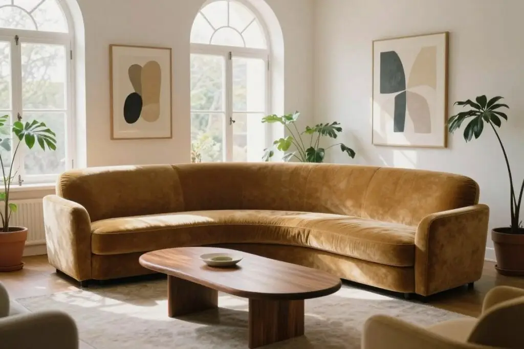 curved vintage sofa in living room with organic shapes