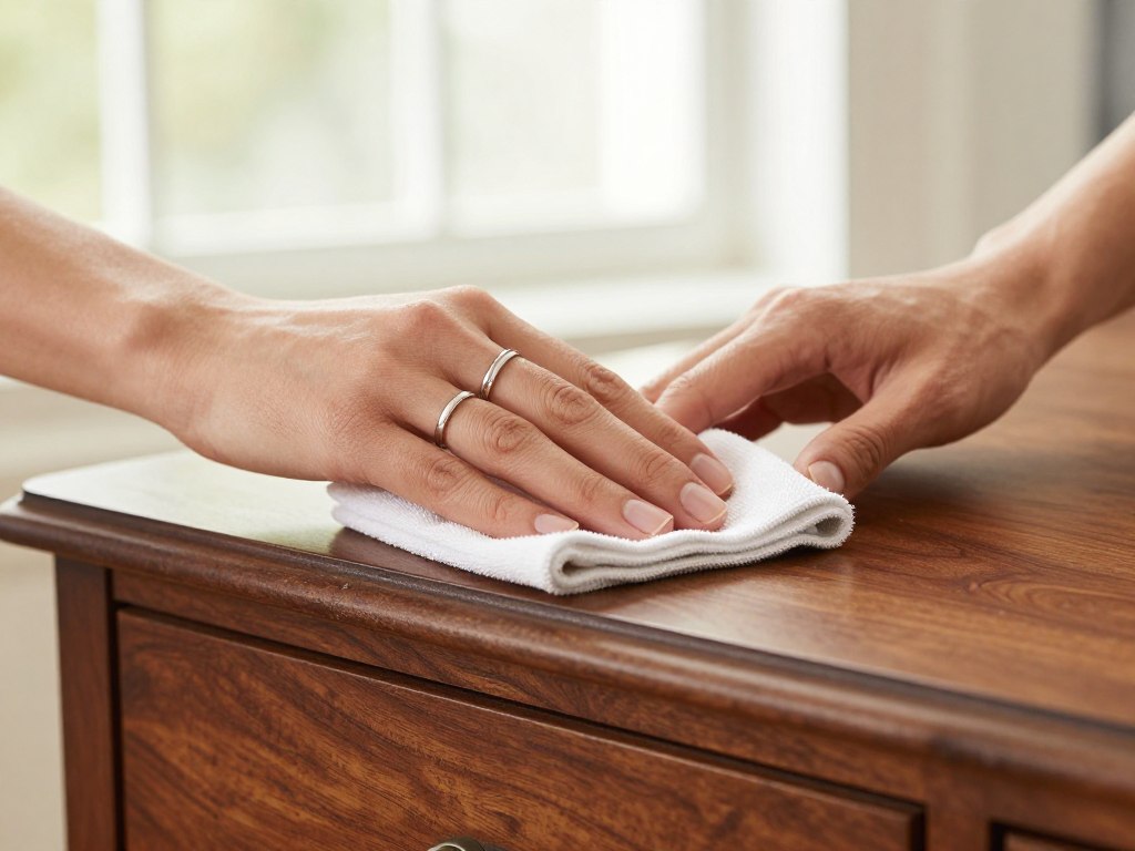 hands cleaning vintage wood furniture with soft cloth showing proper care technique